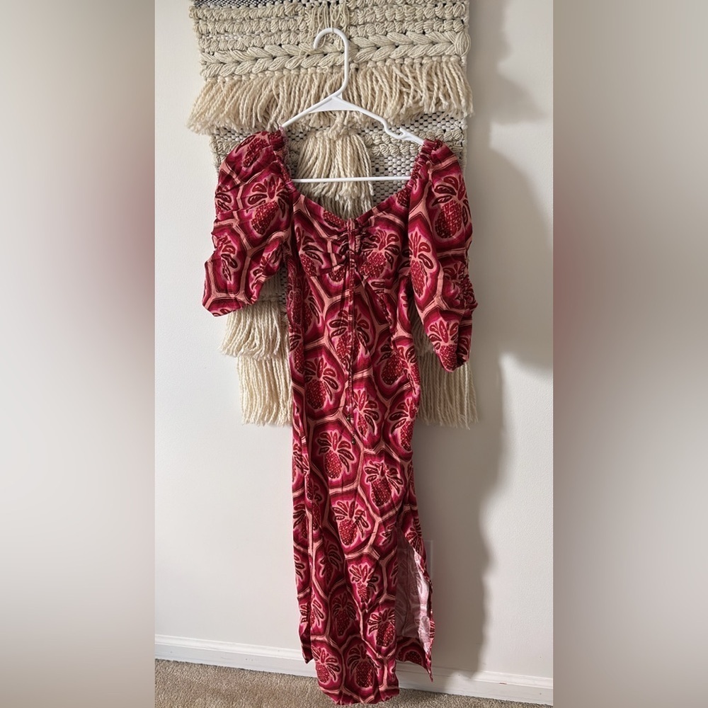 Farm Rio Ceramic Pineapple Linen Maxi Dress Off The Shoulder Puff Sleeve Ruched - Picture 4 of 7